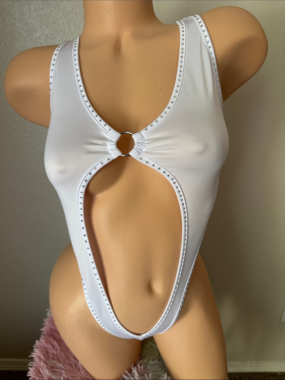 Super Sexy Rhinestone White Bling Stripper Exotic Dancer Bodysuit OS